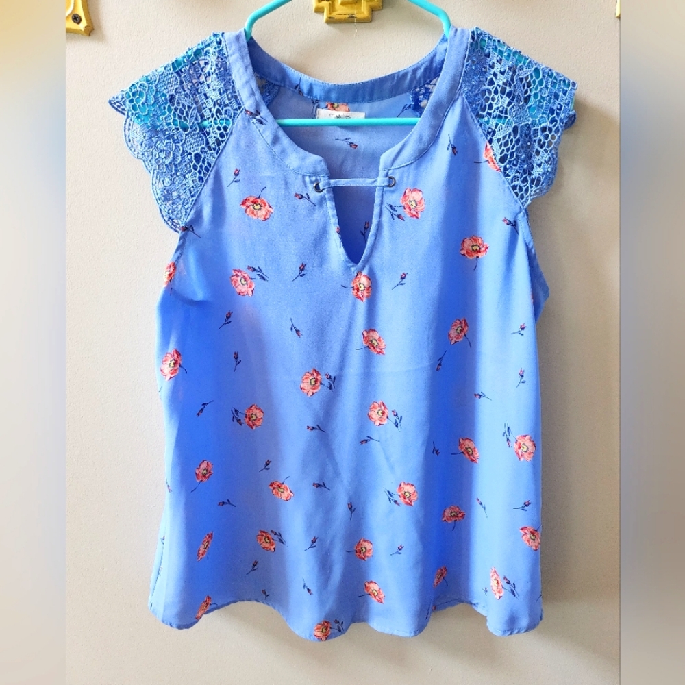 Maurices Floral Blouse, Periwinkle/Pink Floral Print, Medium